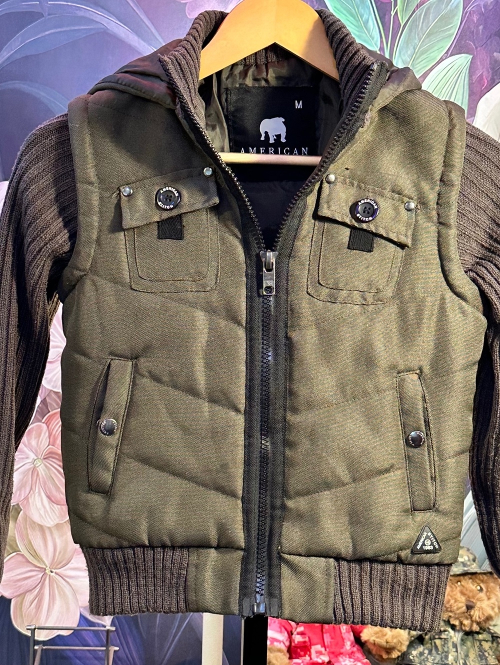 American Stitch Boys M Activewear Jacket Olive Hooded Puffer Knit Sleeve Utility
